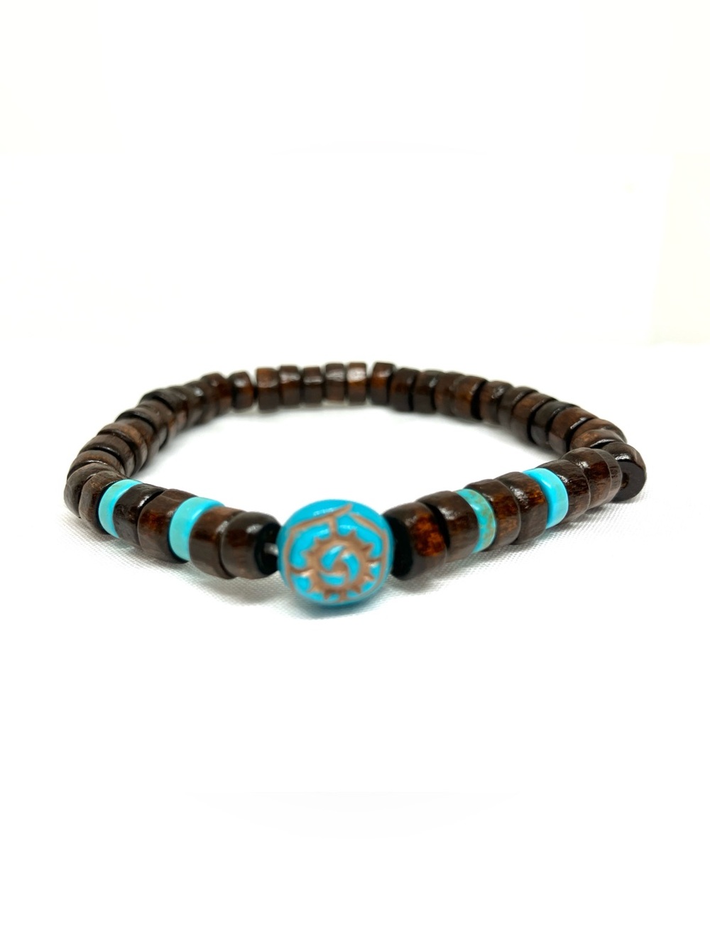 Wooden Beaded Stretch Bracelet - Dark Brown & turquoise rose in center